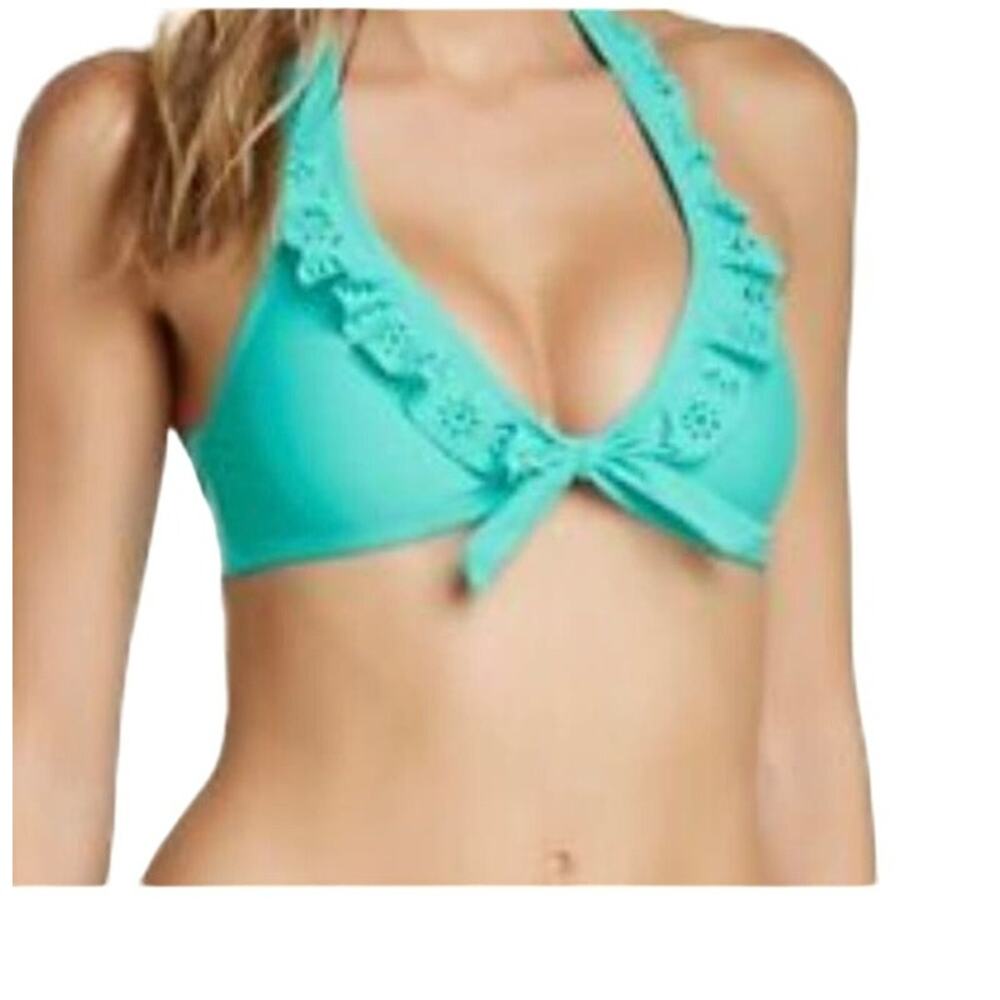New Jessica Simpson aqua blue green bikini top ruffled tie neck boho size small